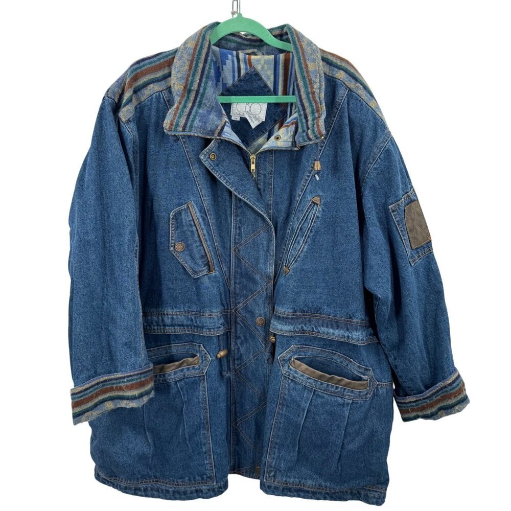 Vintage OBO New York Denim Chore Jacket Aztec Pattern Lining Womens Size 3X